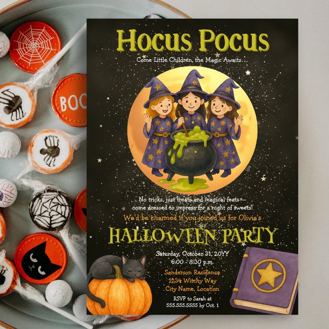 Convite Festa de Halloween do Hocus Pocus Witchy (Hocus Pocus three young witches Halloween Party invite)
