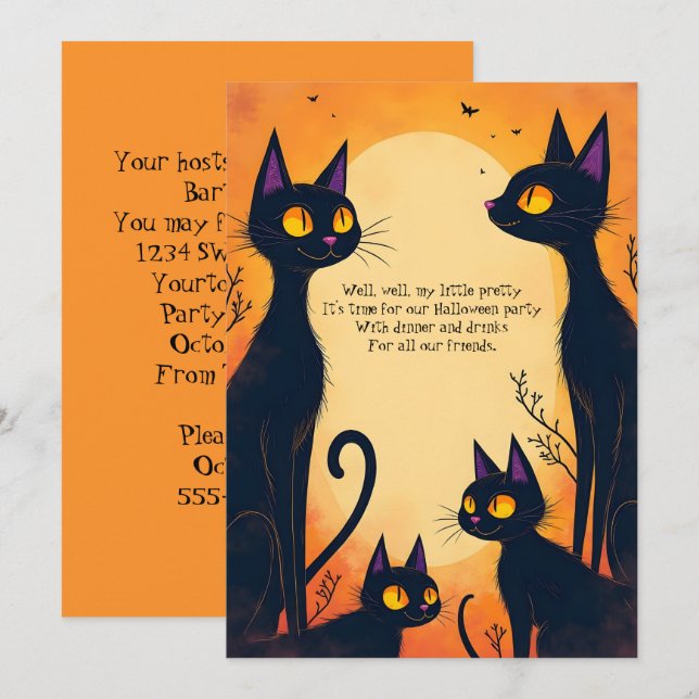Convite Festa de Halloween dos Gatos Pretos Altos (Frente/Verso)