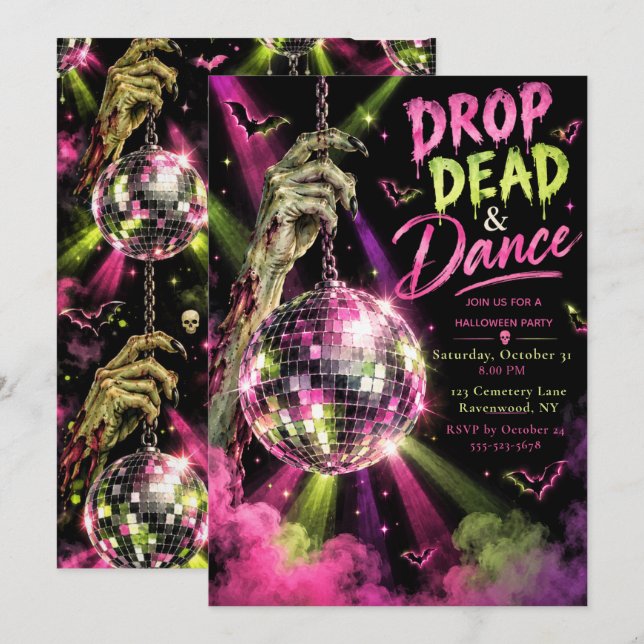 Convite Festa de Halloween Drop Dead & Dance (Frente/Verso)