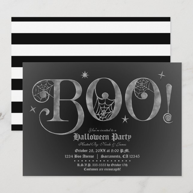 Convite Festa de Halloween elegante Silver & Black BOO (Frente/Verso)