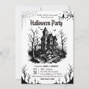 Convite Festa de Halloween em Casa Assombrada Preta e Bran