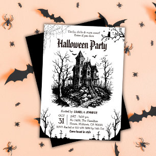 Convite Festa de Halloween em Casa Assombrada Preta e Bran