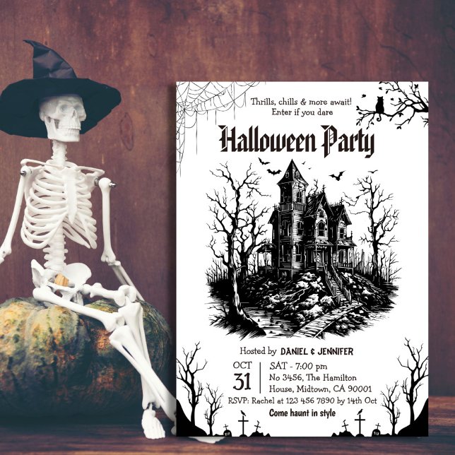 Convite Festa de Halloween em Casa Assombrada Preta e Bran (Criador carregado)