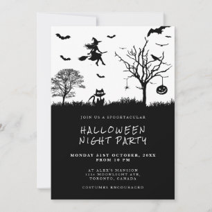 Convite Festa de Halloween em Preto e Branco da Bruxa Assu