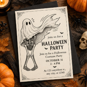 Convite Festa de Halloween Esqueleto Fantasma Vintage