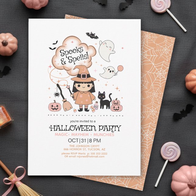 Convite Festa de Halloween Feitiços e Espíritos Laranja ID (Criador carregado)