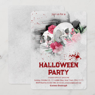 Convite Festa de Halloween Floral Caveira em Aquarela Góti