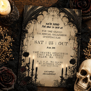 Convite Festa de Halloween Floral Preto Vela Gótica Vintag
