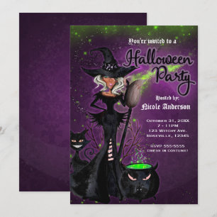 Convite Festa de Halloween Glam Bruxa em Preto Verde Roxo