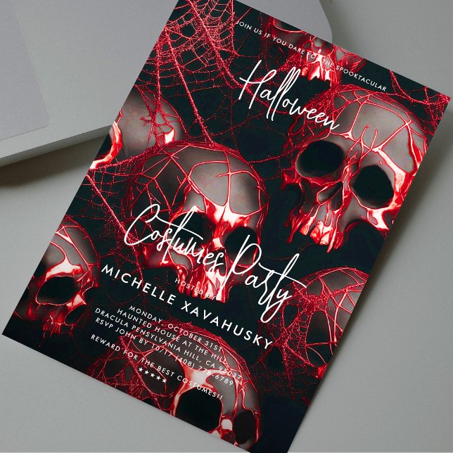 Convite Festa de Halloween Gótica Crânio Vermelho Preto Mo (Modern Black Red Skull Gothic Halloween Party Invitation
)