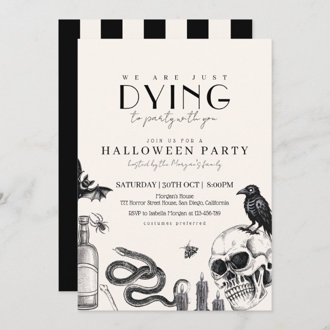 Convite Festa de Halloween Gótica Elegante com crânios (Frente/Verso)