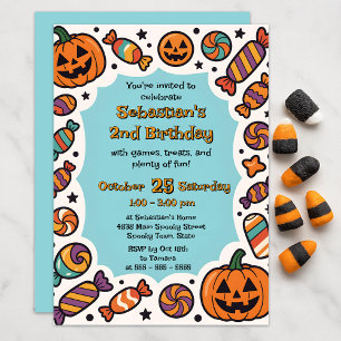 Convite Festa de Halloween Infantil Azul Pastel Retro Abób