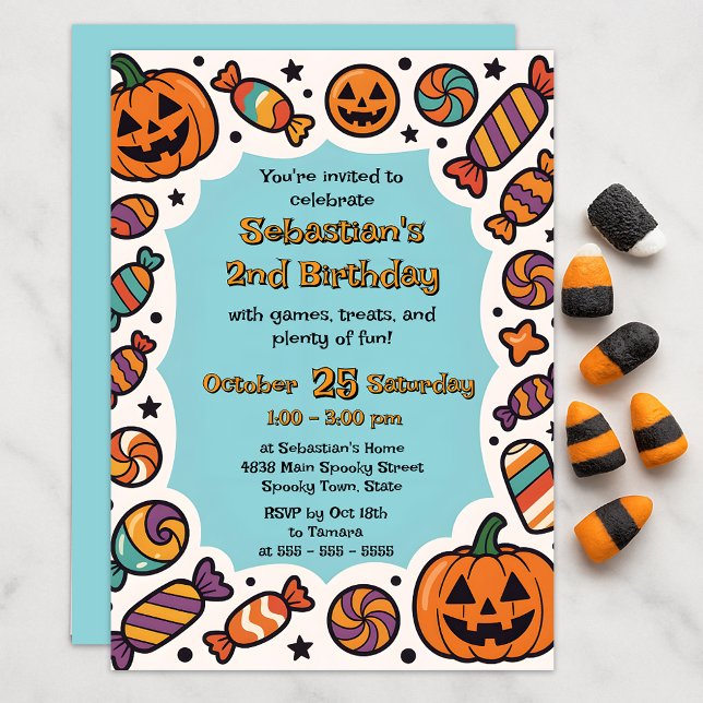 Convite Festa de Halloween Infantil Azul Pastel Retro Abób (Criador carregado)