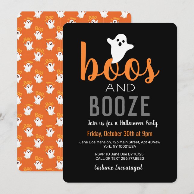 Convite Festa de Halloween Laranja Preto Boos e Bebida (Frente/Verso)