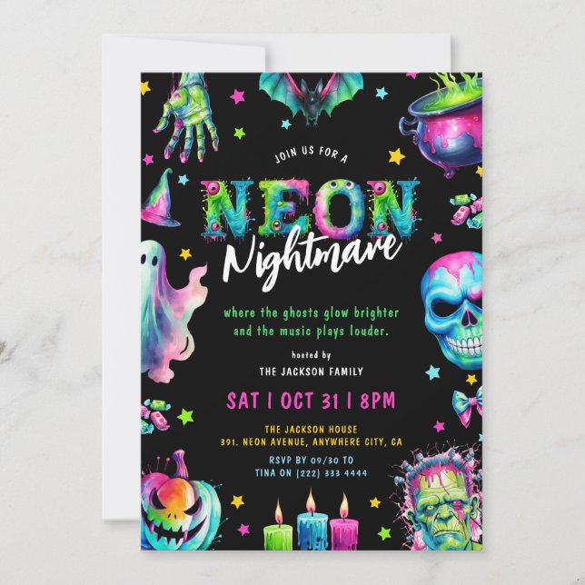 Convite Festa de Halloween Neon Nightmare (Frente)