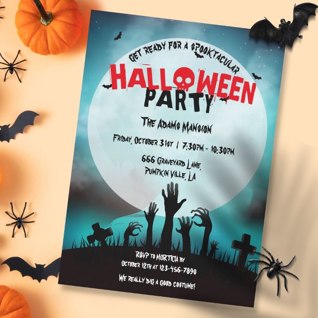 Convite Festa de Halloween no Cemitério de Zumbis Assustad (Spooky Zombie Graveyard Halloween Party Invitation)