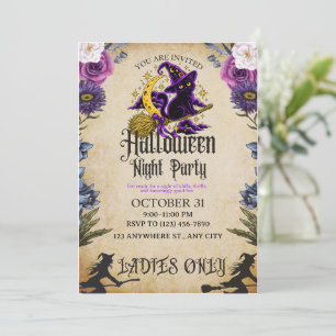 Convite Festa de Halloween Noturna para Mulheres com Gato