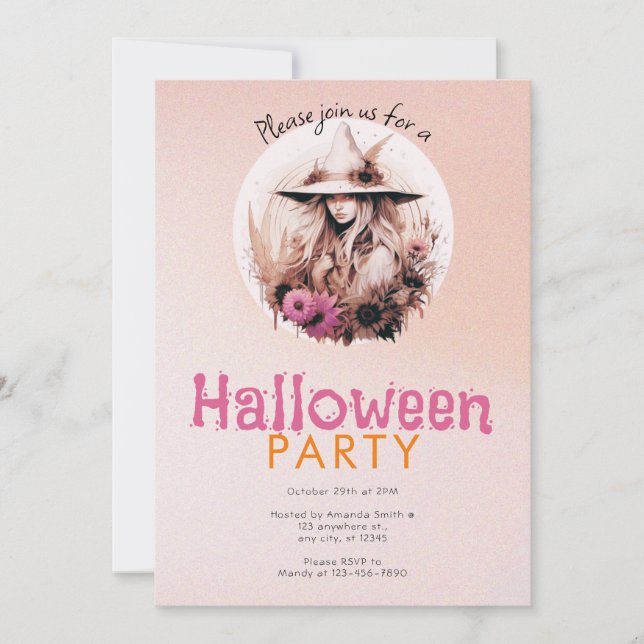 Convite Festa de Halloween Ombre Pretty Boho Witch (Frente)