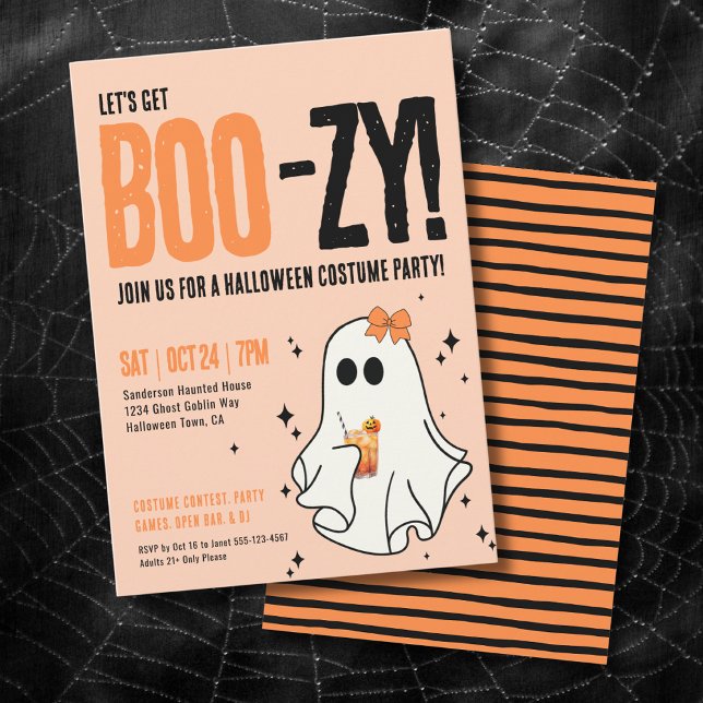 Convite Festa de Halloween para Adultos com Espantos e Beb (Adult Cocktail Ghost Costume Party Halloween Invitation)