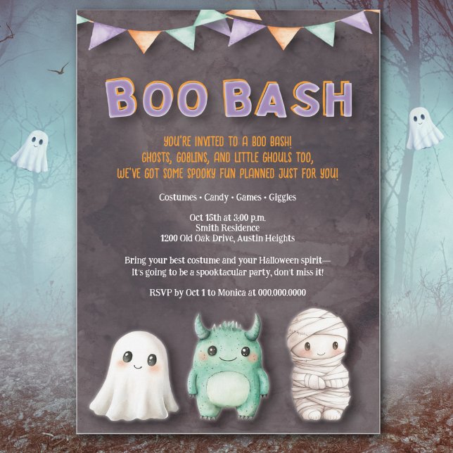 Convite Festa de Halloween para Crianças Divertidas (Fun Boo Bash kids Halloween invite with cute ghost, mummy & monster in playful watercolor style.)