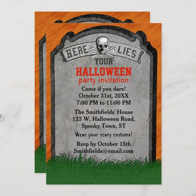 Convite Festa de Halloween| Pedra De Pedra De Crânio De Gr (Frente/Verso)