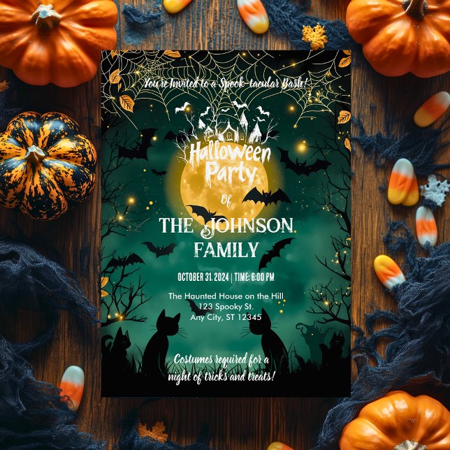Convite Festa de Halloween Personalizada com Bats e Lua Co (Criador carregado)