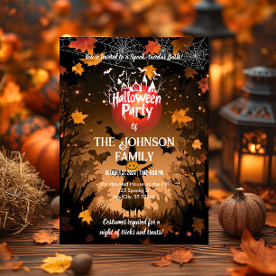 Convite Festa de Halloween Personalizada com Folhas e Morc