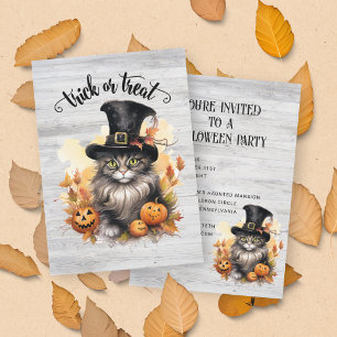 Convite Festa de Halloween Personalizada Gato Vintage Rúst