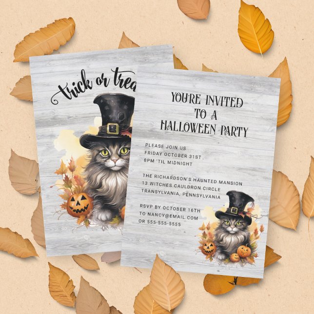 Convite Festa de Halloween Personalizada Gato Vintage Rúst (Front and Back View)