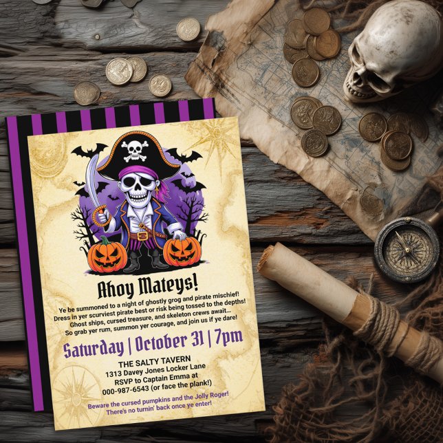 Convite Festa de Halloween Pirata Esqueleto Assustador (Criador carregado)
