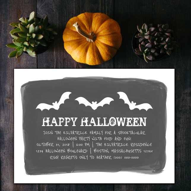Convite Festa de Halloween Preta Branca Bats (Black and White Watercolor Bats Halloween Party Invite)