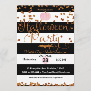 Convite Festa de Halloween Preto Branco Rosa Laranja Chic
