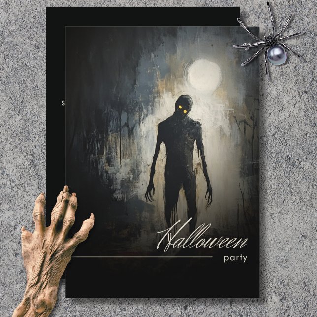 Convite Festa de Halloween Preto e Branco da Lua Zumbi Som (Dark Zombie Moon Black & White Halloween Party Invitation)