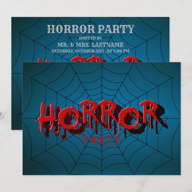 Convite Festa de Halloween Red Horror Spider Web Blue Scar (Frente/Verso)