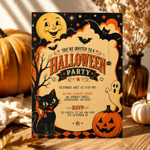 Convite Festa de Halloween Retro Elegante Laranja Preta
