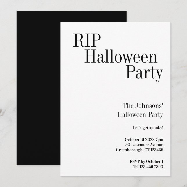 Convite Festa de Halloween RIP Preto e Branco (Frente/Verso)