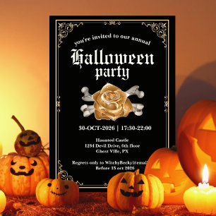Convite Festa de Halloween Rosa Dourada Preta Elegante Vin