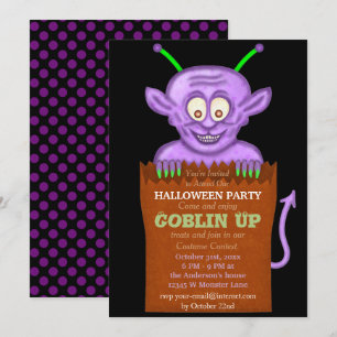 Convite Festa de Halloween Roxo Goblin Crianças Engraçadas