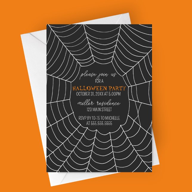 Convite Festa de Halloween Simples da Tepografia Aranha (Simple Typography Large Spiderweb Modern Halloween Party Invitation)