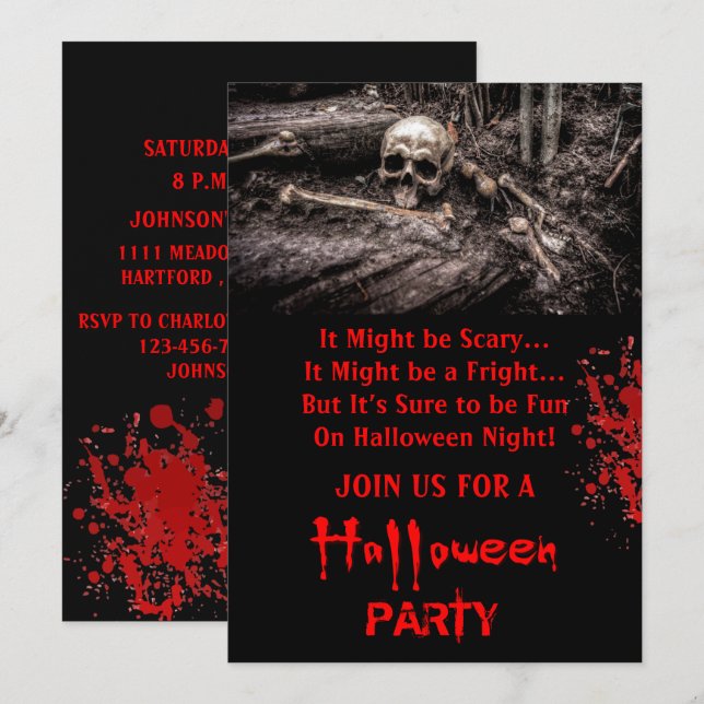 Convite Festa de Halloween Skull and Bones Assustadora  (Frente/Verso)