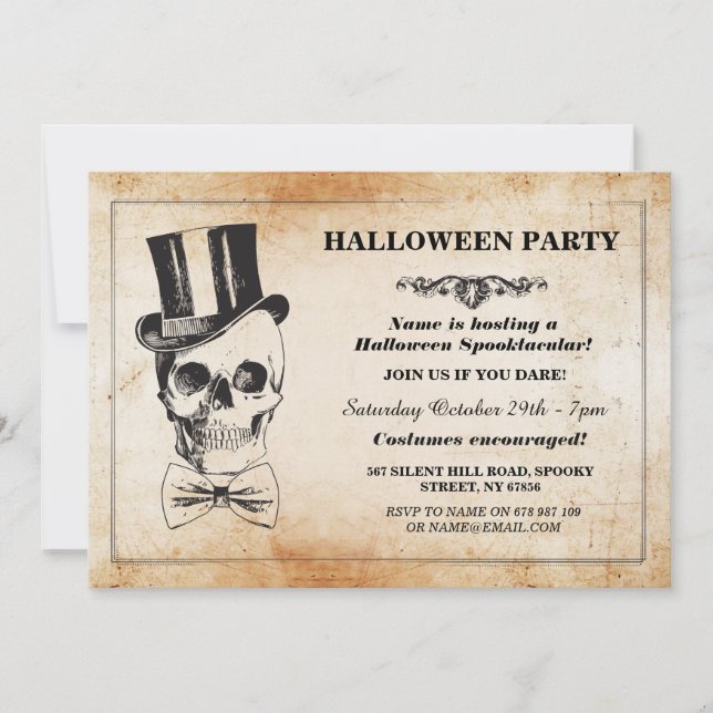 Convite Festa de Halloween - Skull Top Hat Arco Tie Spook  (Frente)