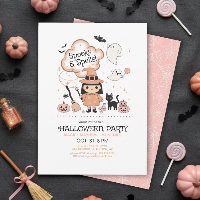 Convite Festa de Halloween Spooks & Spells Rosa ID1325 (Criador carregado)