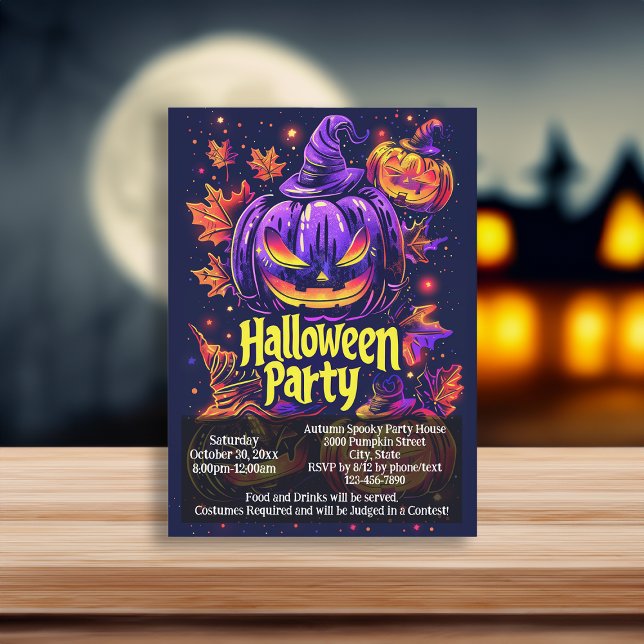 Convite Festa de Halloween Spooky Jack-O-Lanterna (purple black jack o lantern halloween invitation)