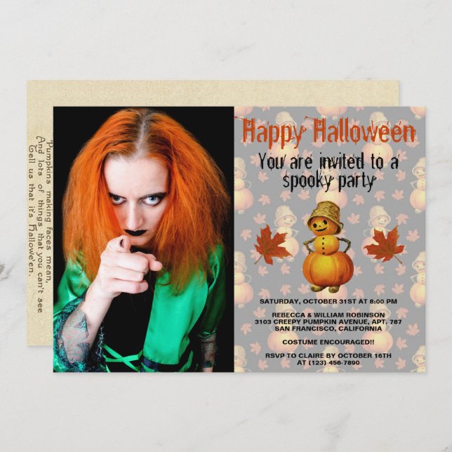 Convite Festa de Halloween Spooky Pumpkin Man com chapéu d (Frente/Verso)