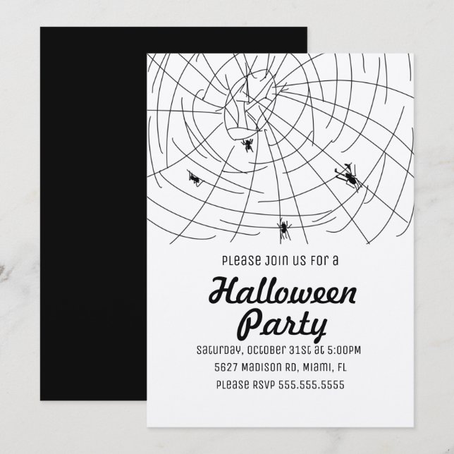 Convite Festa de Halloween Teia de Aranha Kraft Doodle (Frente/Verso)