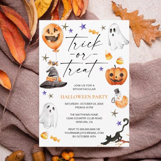 Convite Festa de Halloween 'Trick or Treat' em Aquarela Fo (Treat your guests to a charming Halloween celebration with this whimsical watercolor invitation.)