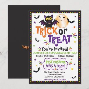 Convite Festa de Halloween 'Trick or Treat' Morcego Fofo e