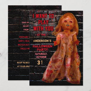 Convite Festa de Halloween Uma Boneca Assustadora Quer Bri