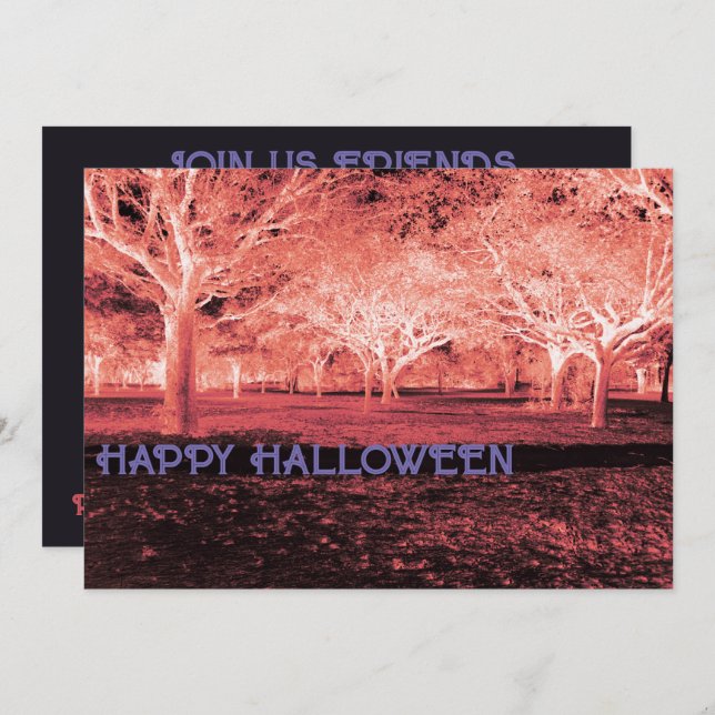 Convite Festa de Halloween Vermelha e Roxa - Florestas Ass (Frente/Verso)