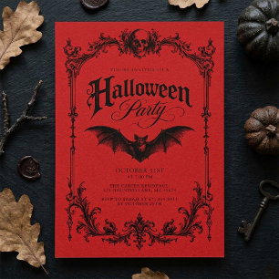 Convite Festa de Halloween Vermelha Gótica Vintage Misteri